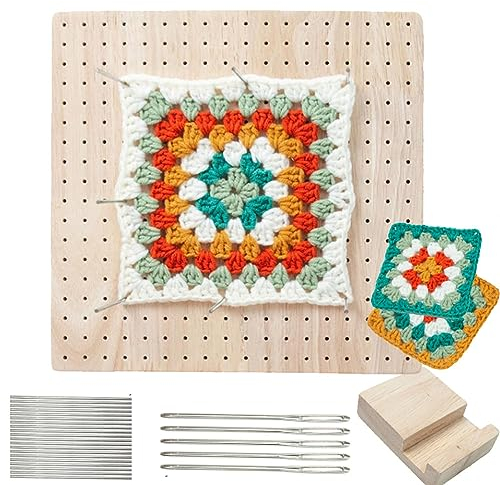 Lsydgn Sperrbrett für Granny Square,23.5 x 23.5 cm Granny Square Spanner Holz,Blocking Board Häkeln,Sperrbrett Häkeln Holz für Strick- und Häkelprojekte,Mit 20 Edelstahl-Stabstiften Und 5 Nadeln