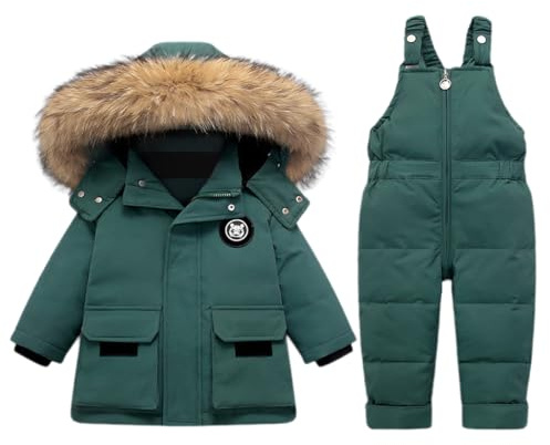 Bambino Tuta da Neve Inverno 2 Pezzi Piumino Giacca Cappotto con Nevicare Bavaglino Pantaloni Ragazzi Ragazze Tuta da Sci Vestiario Verde 18-24 Mesi