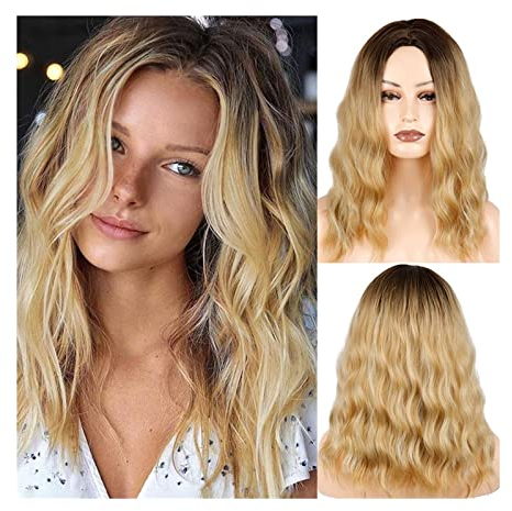 Perücke Damen Kurze, lockige, ombre-blonde Bob-Haar-Perücke for Damen, modische synthetische Mittelteil-Perücke mit braunen Wurzeln, mittellange, gewellte, hitzebeständige Faserperücke Perücken für Fr