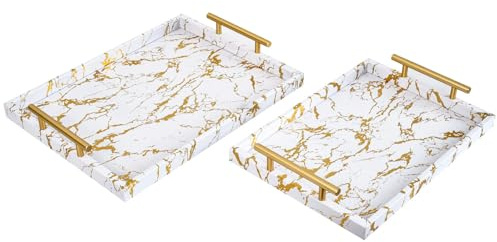 UPPER DECOR Modernes Dekoratives Tablett 2er Set - Weiß und Gold Marmor Holz Serviertablett mit Gold Polierten Metallgriffen für Ottomane, Couchtisch, Badezimmer und mehr