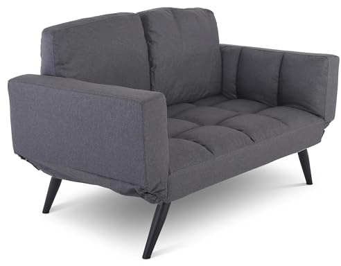 Raburg Schlafsofa, 2-Sitzer, klappbare 2-in-1-Funktion: Sofa und Gästebett, Stoff, Metallbeine Schwarz, verstellbare Armlehnen, Liegefläche: 190 cm breit x 76 cm tief, Ayla, Dunkelgrau