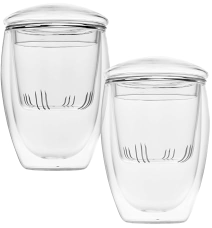 Kvota Doppelwandiges Teeglas 350 ml, 2-er Set Thermogläser mit Sieb und Deckel aus Glas, ohne Henkel. Gläser für Kaffee oder Tee, mit Deckel als Untersetzer für Sieb oder Teebeutel. Modernes Design