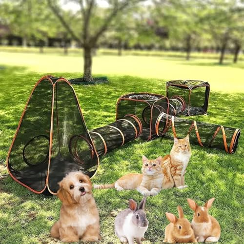Pucaru Pop-Up-Katzenzelt mit Tunnel, 6-in-1-Katzengehege für den Außenbereich, Beliebig Kombinierbar, Ideal für Kleine Haustierabenteuer im Freien