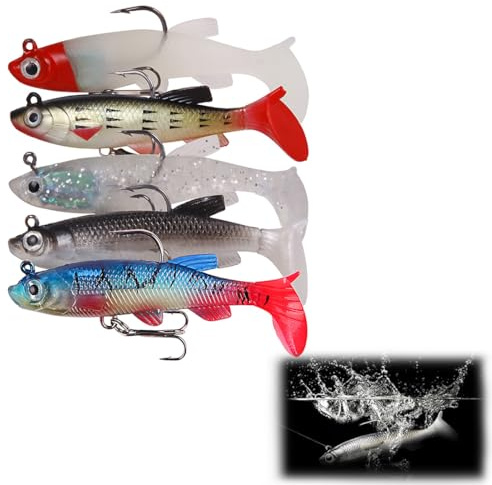 LAKJUOZ Gummifische Angelköder Set, Vormontierte Gummiköder, 5 Stück Set Barsch Köder, Jig Spinner, Sinkende Köder Für Salz Und Süßwasser, Geschenk Für Männer Zum Angeln
