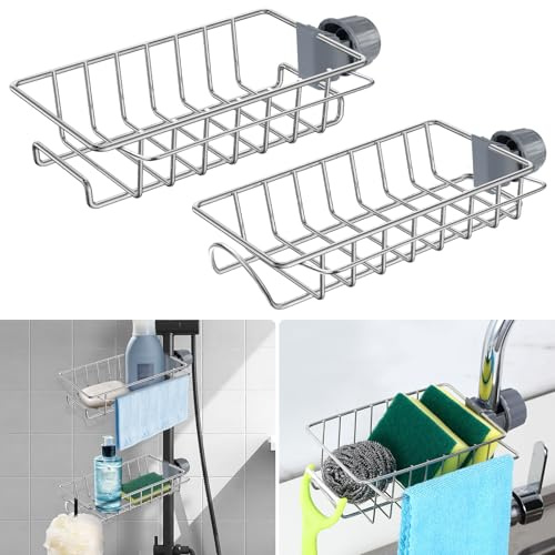 Ainiv 2 Stück Duschablage Ohne Bohren Edelstahl | Küchen Organizer Schwammhalter mit Handtuchhalter, Spülbecken Organizer für Wasserhahn Rostfrei Duschablage für Duschstange