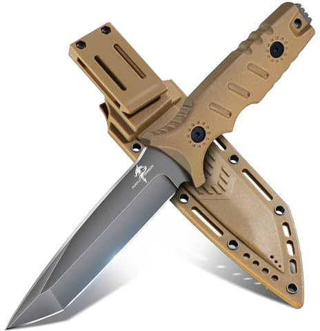 Purple Dragon Coltello da Esterno, Coltello da Sopravvivenza con Fodero in Kydex, Coltello con Lama Fissa in Acciaio D2 Forgiato in Unico Pezzo, Coltello Bushcraft Full Tang, Khaki