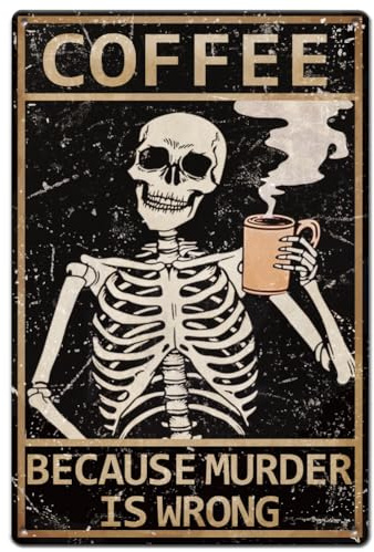 SUPERDANT Totenkopf Kaffee Blechschilder Skelett Blechschild Retro Lustiges Poster Kaffee Metallschild Vintage Deko Metallschilder Lustige Deko Für Cafés Pub Retro Metalldekor Halloween Dekor
