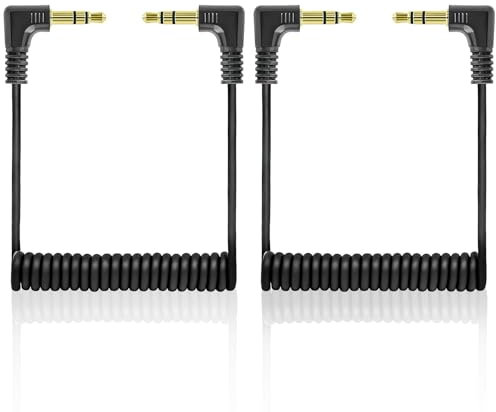 BIVOFU Lot de 2 câbles audio en spirale de 3,5 mm - Mini câble de 50 cm - Coudé à 90 degrés - Prise TRS de 3,5 mm - Câble audio stéréo auxiliaire spiralé