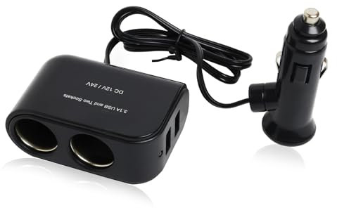 Car Cigarette Lighter Splitter 2 Sockets Dual USB Car Charger Power Socket Adapter 12V/24V with 2 USB Ports Power Outlet Splitter Fast Charging Multi Double Socket for Vehicle Devices Cam GPS Phones