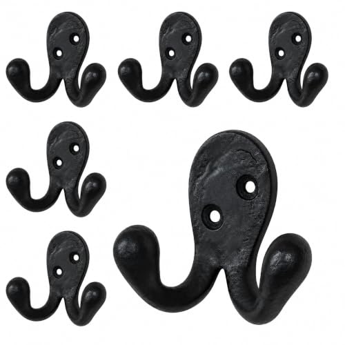 Fayesia Ganchos para abrigos – Herrero hecho a mano de hierro forjado – Paquete de 6 ganchos de doble punta para colgar abrigos, toallas, bolsos, sombreros y más – Tornillos incluidos (negro)
