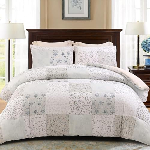 Bettdecke 200x220 Ohne Bezug Nutzbar, Blumenblatt Patchwork Bettdecken Waschbar Ganzjahresdecke Lila 4 Jahreszeiten Steppdecke, Bettzeug Microfaser mit 2 Kissenbezug für Sommer Winter Doppelbett