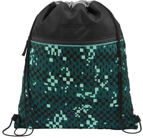 coocazoo Turnbeutel „Pixel Blox”, schwarz-grün, mit Reißverschlussfach und Kordelzug, reflektierende Elemente, Schlaufen zur Befestigung am Schulrucksack, 10 Liter, ab der 3. Klasse