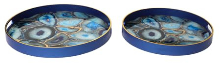 Vanity Living Set of 2 Round Trays – Elegant Decorative Serving Trays for Coffee Table, Living Room, and Home Décor (Blue)