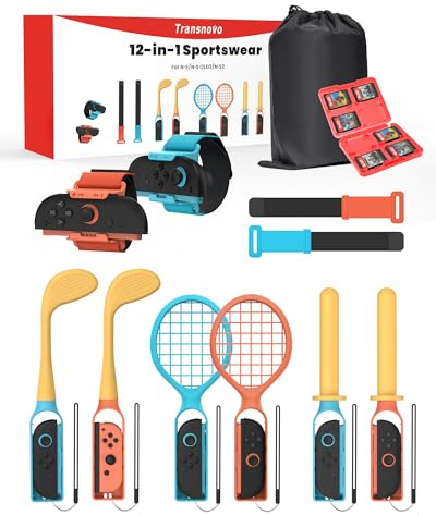 TRANSNOVO 12-i-1 Switch 2-tillbehör Kompatibla med Nintendo Switch 2/Switch/OLED – med Bärväska, Familjetillbehör, Mario Golf-tillbehör, Armband, Benremmar och Tennisracketar