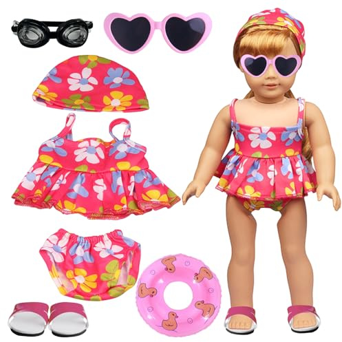 Puppenkleidung Sommer, Schwimm-Set für Puppen 7 Teilig Puppenzubehör, 43 cm Kleidung Bekleidung, Babypuppenkleidung mit Schwimmring Schuhe Sonnenbrille für Schwimmpuppe Mädchen Geschenke