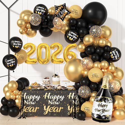 2026 Silvester Deko Ballons, 112-Teiliges Girlanden Set in Schwarz & Gold mit Latex Ballons, Folien-Zahl, Stern, Bierflasche, Ballonkette & Band für Partydeko, Geburtstag, Hochzeit