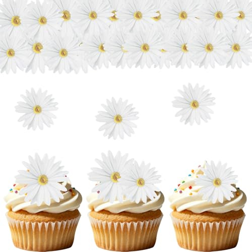 Gleevio Blumen Tortendeko Weiß, Gänseblümchen Muffin Deko Hochzeit Essbar, 65 Stück Essbare Blüten Tortendeko, Essbare Blumen für Torte, Esspapier Blüten Kuchen Deko, Gänseblümchen Cupcake Topper