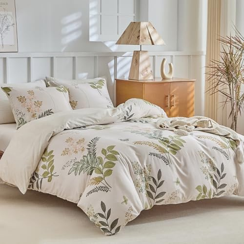 Tokokimo Bettwäsche 200x200 3teilig - Frühlingsblumen und Grünes Blattdesign - Mikrofaser Bettbezug 200x200 für Doppelbetten mit 2 Kopfkissenbezüge mit Reißverschluss 80x80, Beige