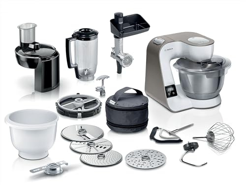 Bosch MUM5XL74 - Robot da cucina serie 4 con bilancia, ciotola in acciaio inox, lavabile in lavastoviglie, frullatore, tritacarne, tritacarne, agitatore planetario, 3 fette, taglierina cubi, 1000 W