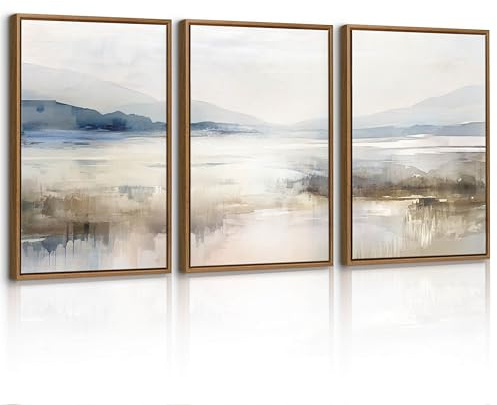 3 Pcs Abstrakt Berg Seen Leinwand Bilder mit Rahmen Set, Neutral Natur Landschaft Wandbilder Neblig Blau Weiß Landschaft Bild Auf Leinwand Poster Deko für Wohnzimmer Schlafzimmer Büro 30X40cmx3 Pcs