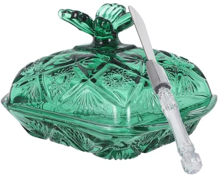 VERDANVERSE Mantequera Vintage de Vidrio con Tapa Hermética y Cuchillo Pequeña Mantequera para Refrigerador Bandeja Versátil para Mantequilla Queso y Postres Mostrador Elegante
