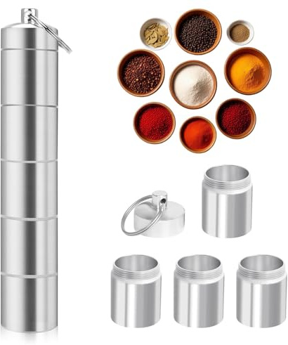 JDCMEI Gewürzstreuer 5-in-1, Mini Salzstreuer für Unterwegs, Tragbare Gewürzdosen, Mini Gewürzgläser mit Deckel, Wasserdichte Aluminium Salzstreuer für Reisen Zuhause Küche Kochen Steak BBQ