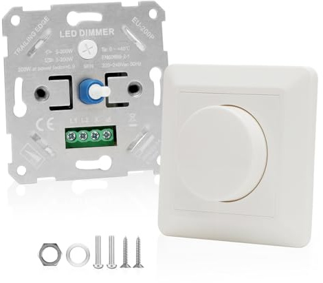 Dimmer Schalter LED 230V Dimmschalter mit Drehknopf, Universeller Dimmer für Dimmbare LED-Lampen 5-200W, Unterputz Lichtschalter Dimmbar Drehdimmer Weiß, Dimmschalter für Schlafzimmer Wohnzimmer