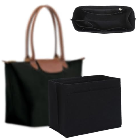 Hochwertiger Filz Taschen Organizer for Longchamp Tasche M, Extrem Leicht Long Champ M Handtaschen Organizer with Einschließlich Fach für Eine Trinkflasche und Reißverschlussfach,8 Taschen,Schwarz