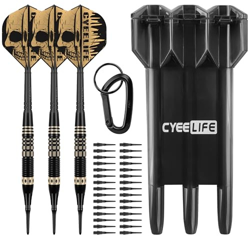 CyeeLife Darts mjuk spets med presentväska – professionell dart-plastspets med mässingstunna + 3 integrerade pilflygningar och 30 st plastspets, mjukt dartset för elektronisk darttavla