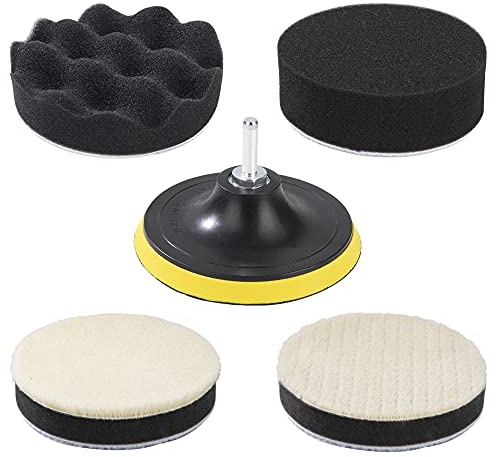 Set Tamponi Lucidatura 125 mm / 5 Pollici in Lana con Tampone Mousse, Adattatore M14 per Lucidatrice & Trapano, Set Cura Auto per Lucidatura, Ceratura e Protezione Vernice, 6 Pezzi