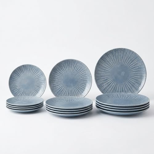 SANTA CLARA | Vajilla Completa 12 Piezas Porcelana Decorada para 4 Personas, Apta Microondas y Lavavajillas, Vajilla Electra Azul para Hogar y Cocina