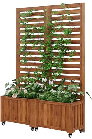 ACAGALA Pflanzkübel mit Rankgitter, Blumenkasten mit Klapp und Universalrädern, Outdoor Pflanzgefäß mit Spalier Holz für Kletterpflanzen & Topfpflanzen, 152x102.5x32 cm, Braun