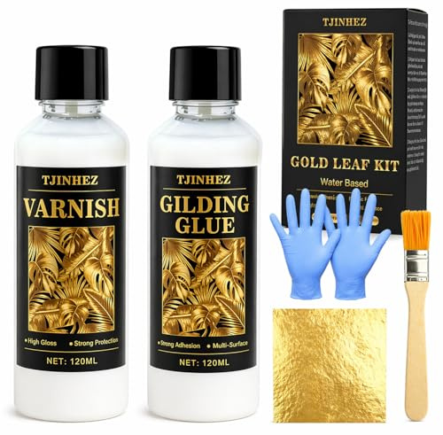 TJINHEZ Självhäftande bladguld i set – 240 ml vattenbaserat lim och skyddslack med pensel, bladguld och champagnebladguld, förgyllningskit för möbeldekoration, konst, målning, hantverk och