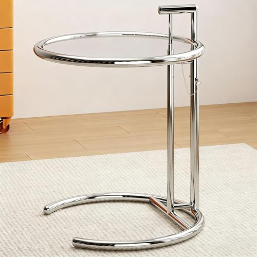 WEIDPHL Runder Beistelltisch Aus Glas, Beistelltisch Aus Edelstahl, Snack-Beistelltischs, Nachttisch, C-Förmiger Beistelltischs Für Couch, Wohnzimmer, Schlafzimmer (Silver Clear)