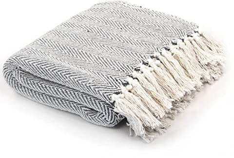 vidaXL Überwurf Baumwolle Fischgrätmuster 160x210cm Grau Tagesdecke Decke