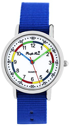 Pacific Time Kinderuhr Lernuhr Mädchen Jungen 5 ATM wasserdicht | Lernzifferblatt 1–12/05–60 Min., 5 ATM wasserdicht, beschriftete Zeiger und austauschbares 16-mm-Textilarmband.