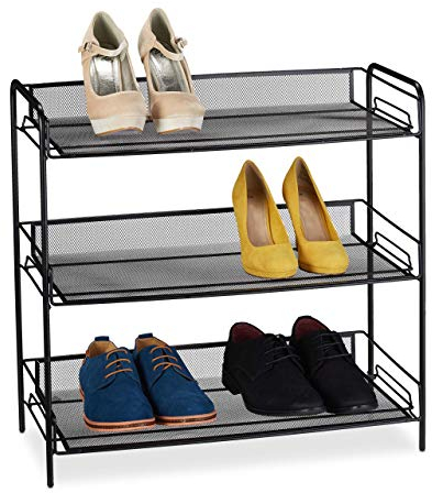 Relaxdays Schuhregal mit 3 Gitter-Ablagen, Schuhablage aus Stahl, für 9 Paar Schuhe, HxBxT: 59,5 x 62 x 29,5 cm, schwarz, 59.5 x 62 x 29.5 cm