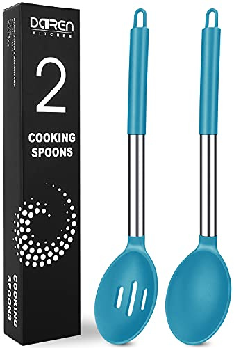 Pack of 2 Large Silicone Cooking Spoons, BPA Free Kitchen Scoops (Blue) | BPA Free, Stainless Steel Slotted and Solid Spoon Set for Serving, Mixing, Draining, Heat Resistant, Scratch Resistant