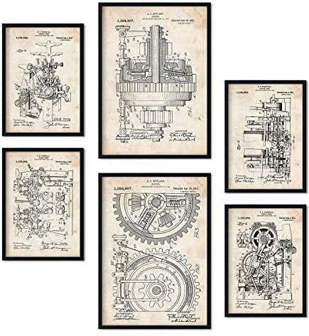 Nacnic Set von 6 Plakaten mit Maschinen Patenten. Plakate mit Retro-Patentabbildungen. Inneneinrichtung im Vintage-Stil. Grösse A4 und A3. Ohne Rahmen.