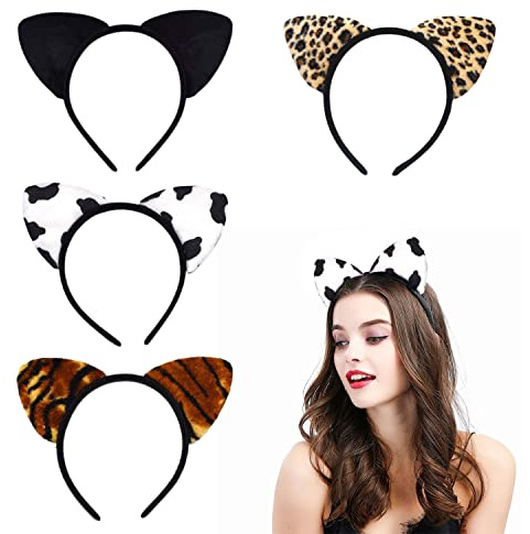VIKSAUN Set med 4 st pannband i mjukt tyg, Alice kattöron, leopardtryck, ko, tigerränder hårringar för cosplay, anime, semeste, fin klänning, dansskäl, Mardi Gras Halloween