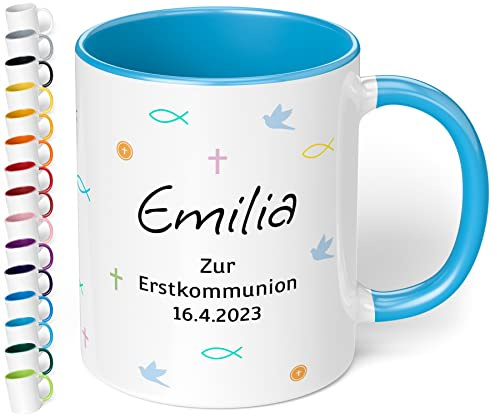 Tasse zur 1. heiligen Kommunion mit Namen und Datum personalisiert „Zur Erstkommunion“ – Kindertasse für Mädchen & Jungen - Kommunions-Geschenke Geschenkideen (Hellblau)
