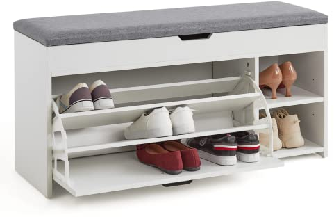 Meerveil Schuhbank mit Sitzfläche, Schuhbank mit Klappschublade Holz Industriestil für Flur Eingang, B100 x H52 x T30 cm, Weiß