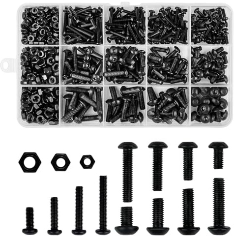 Frevoitna 500 stk Schrauben Muttern Set, Gewindeschrauben Schwarz mit Mutter, Zylinderkopfschrauben und Unterlegscheiben, Verkleidungsschrauben Sortiment Kit, M3 M4 M5 Sechskantschrauben