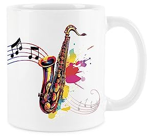 Purely Home Saxophon Tasse – buntes Musikinstrument Holzblasinstrument abstrakt weiß Tee Kaffee Geschenk Tasse