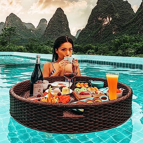 Piscine De Piscine Table De Plateau Flottante, Plateau De Service Tissé En Rotin, Piscine Flottant Pour Adultes Pour Les Bancs De Sable, Les Spas, Le Bain Et Les Fêtes | Plateau Flottant,60cm-Brown
