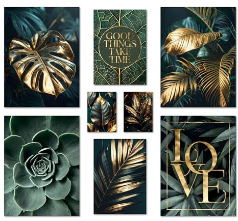 ARTFAVES® Poster Set - GOLD PLANT HARMONY - mehrteilige Wanddeko Wohnzimmer & Schlafzimmer - 8 moderne Wandbilder Pflanzen Bilder, grün, Blätter, Monstera - ohne Bilderrahmen