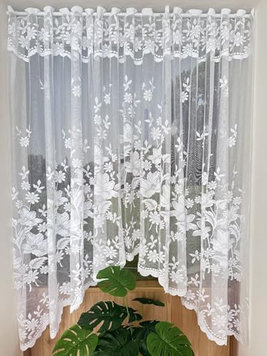Yaland Jacquard glänzendes Fensterbild Bogen Scheibengardine mit Blumen Muster Weiß Kurzgardinen für Cafe Fensterdeko 1 Stück HxB 160x300cm