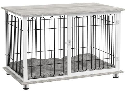 PawHut Dog Crate Furniture, Indoor Dog Kennel Side End Table with Soft Washable Cushion, Lockable Door, for Large Dogs