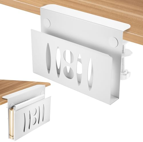HAQIUHETO Desk Side Storage, Under Steel Hanging Organizer, No Drill Cable Management Tray, Laptop Holder, with Pen Storage for Office and Home White | kein Bohren erforderlich,Aus Stahl,Verfügt über Kühllöcher,Einfache Installation,Rostschutz,Mehrzweck