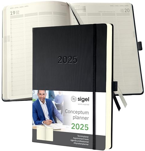 SIGEL C2504 Planungsbuch XXL, Terminkalender 2025, A4+, 1 Tag = 1 Seite, für 4 Personen, schwarz, Hardcover, 480 Seiten, Gummiband, Stiftschlaufe, Archivtasche, PEFC-zertifiziert, Conceptum